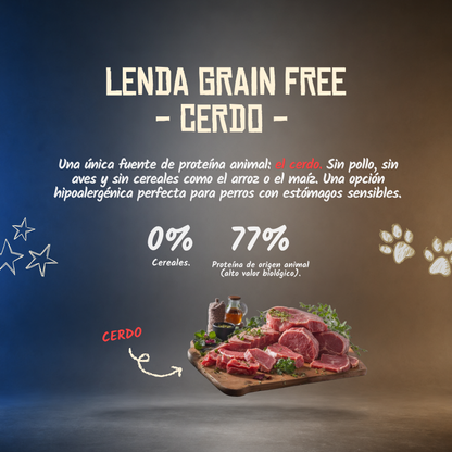 Infografía del pienso monoproteico Lenda de cerdo para perros: 0 % cereales, EAN 8435578202136 y 8435578202143
