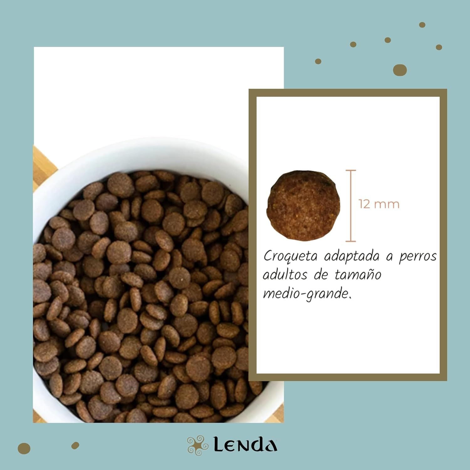 Cuenco lleno de croquetas de pienso Lenda Nature Senior Mobility con detalle de una croqueta de 12 mm para perros adultos de tamaño medio-grande
