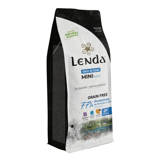 Saco de pienso hipoalergénico Lenda Mini Skin & Coat para perros pequeños con alergias, elaborado con pescado azul y Krill.