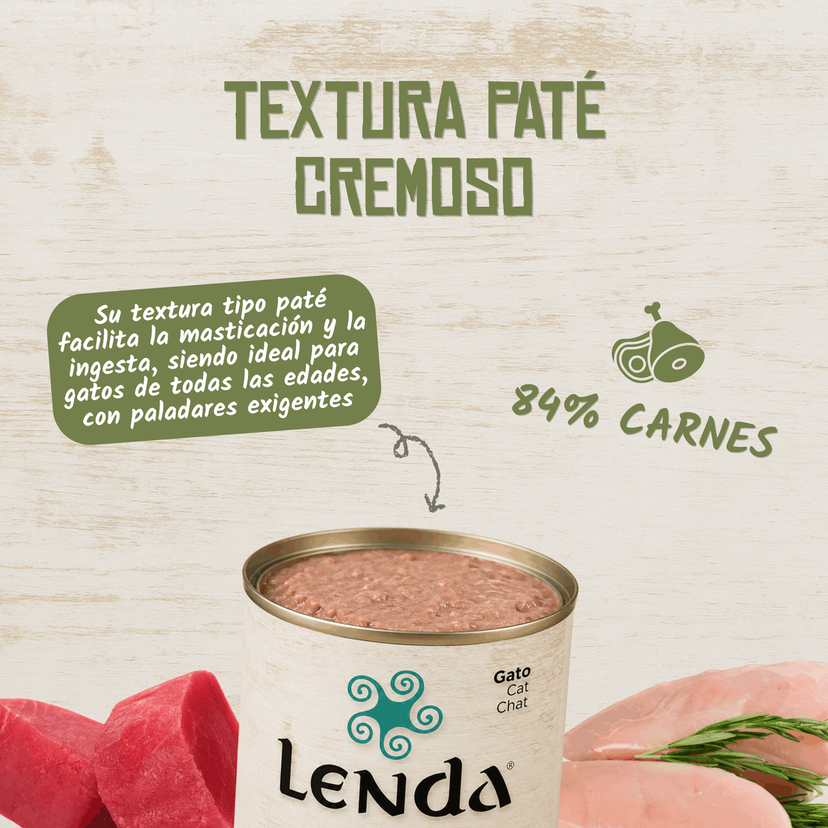 Textura de paté cremosa con un 84 % de pollo, atún y cerdo, EAN 18435578202041