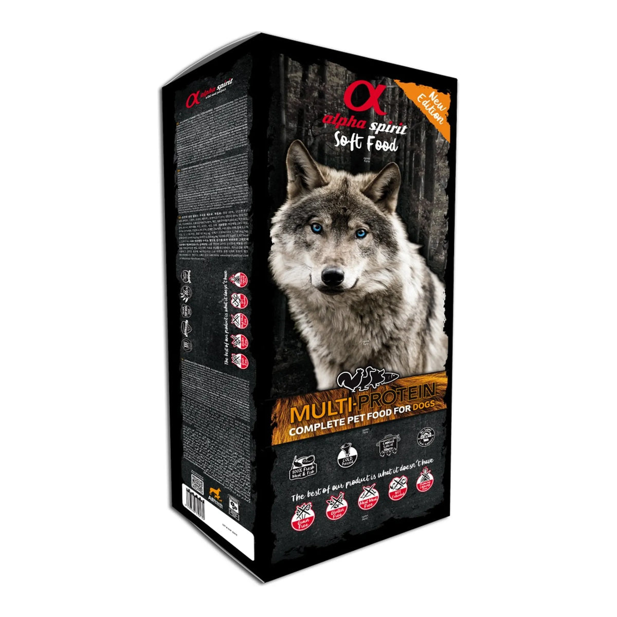 Maletín de 9 kg del pienso semihúmedo Multiprotein en tres cuartos, con banda naranja y un lobo