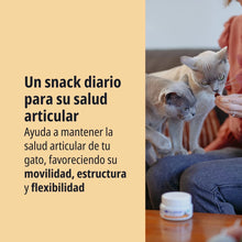 Persona ofreciendo un masticable Movoflex Virbac a dos gatos de raza Burmese color azul sentados en un sofá, con el bote del producto visible en primer plano, y texto Un snack diario para su salud articular favoreciendo movilidad, estructura y flexibilidad