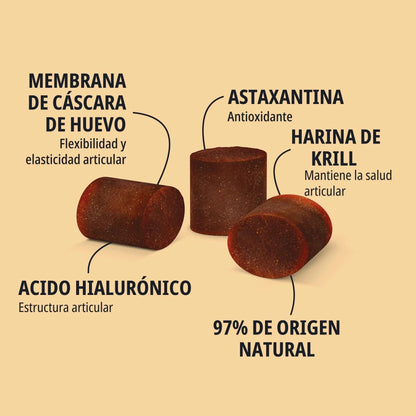 Infografía Movoflex Virbac para gatos con tres masticables sobre fondo salmón claro, señalando los cuatro ingredientes activos: Membrana de cáscara de huevo para flexibilidad articular, Astaxantina antioxidante, Harina de Krill para salud articular, Ácido hialurónico para estructura articular, y el sello 97% de origen natural