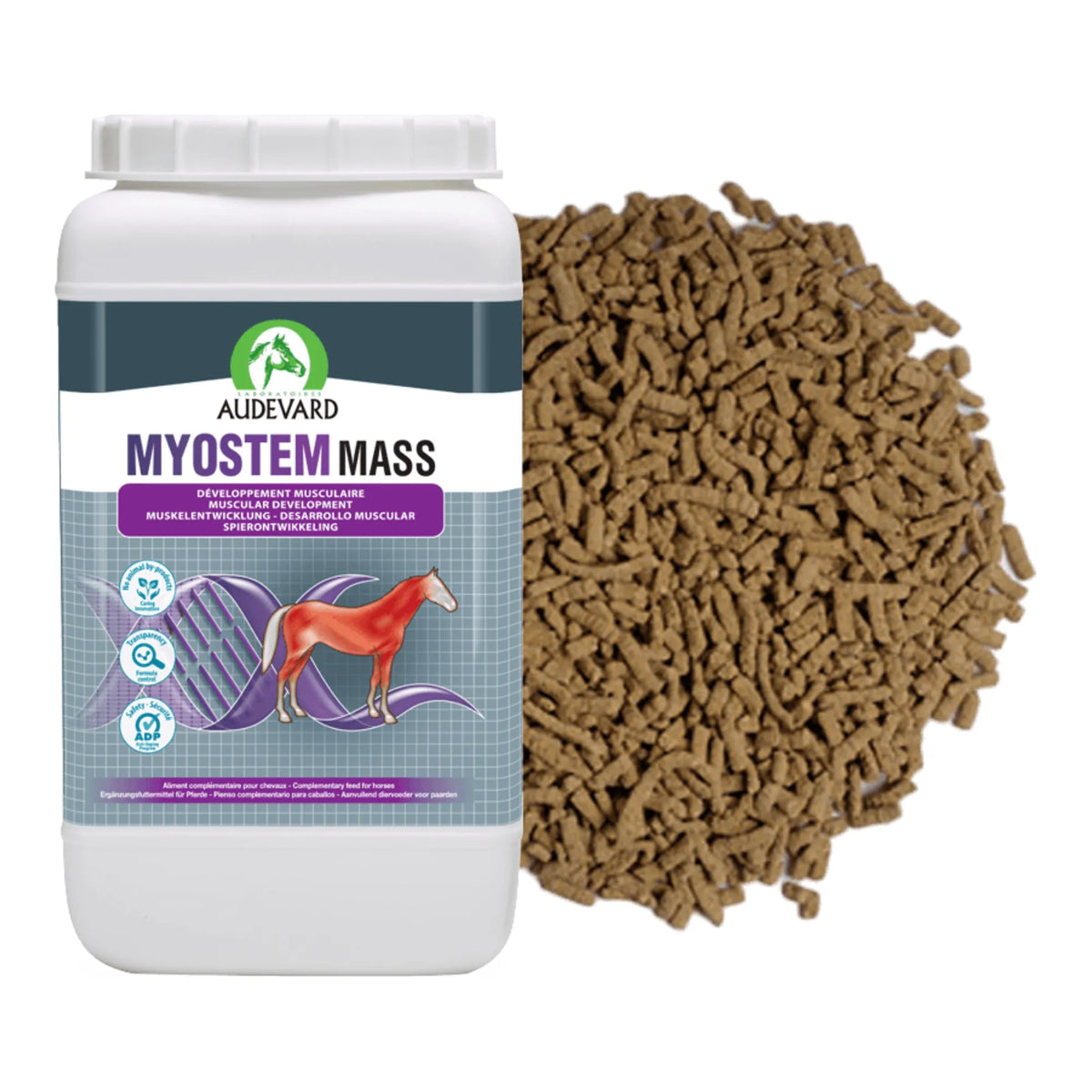 Bote de Myostem Mass Audevard para caballos junto a su granulado marrón