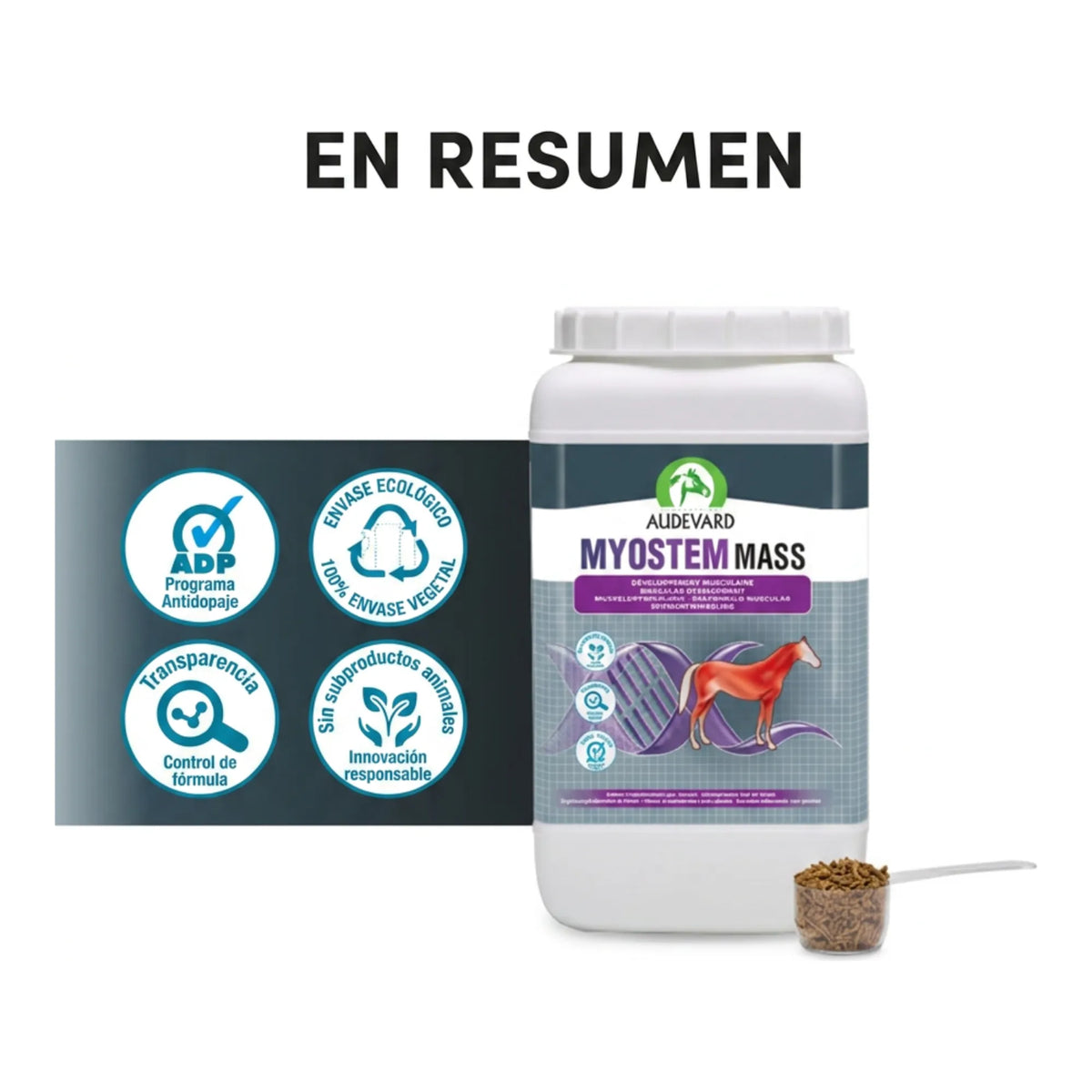 Resumen visual de Myostem Mass Audevard para caballos con cacito y sellos de calidad