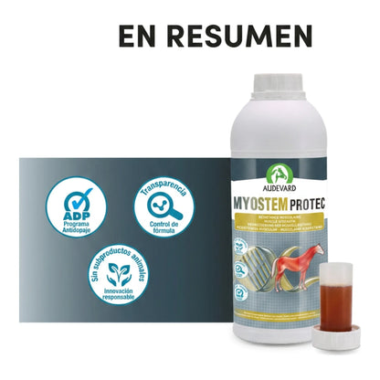 Myostem Protec Audevard para caballos: resumen visual con botella, vaso y sellos de calidad