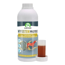 Myostem Protec Audevard para caballos, botella blanca con vaso dosificador de líquido rojo