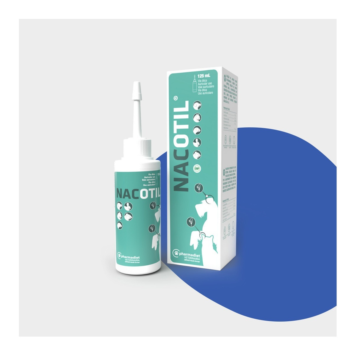 Envase de 125 ml de Nacotil solución ótica para perros y gatos de Pharmadiet, EAN 8414042005053