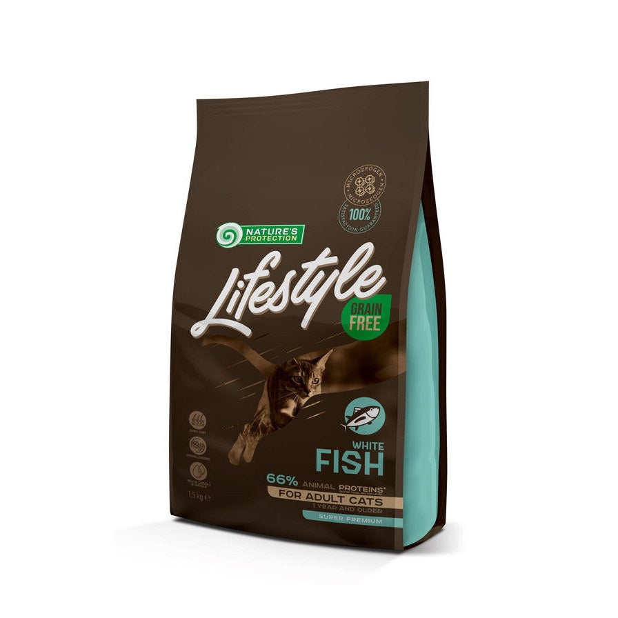 Saco de 1,5 kg de pienso Nature's Protection sin cereales para gatos adultos con pescado blanco