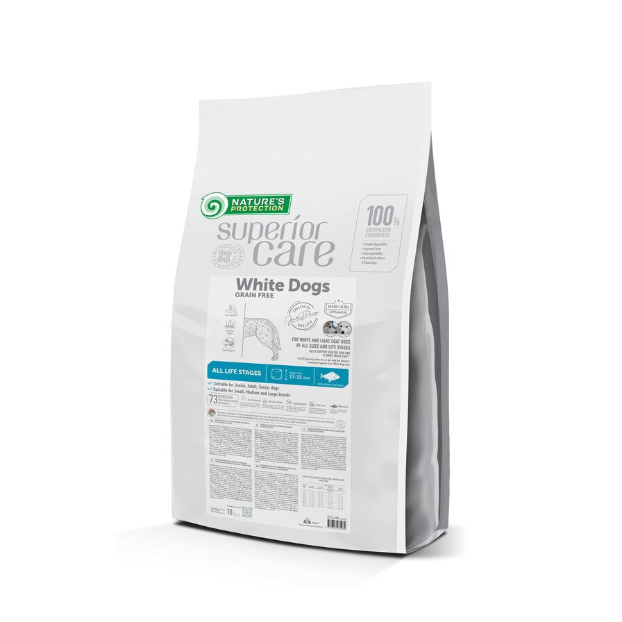 Saco de 10 kg de pienso Nature's Protection para perros de pelo blanco con pescado blanco y sin cereales