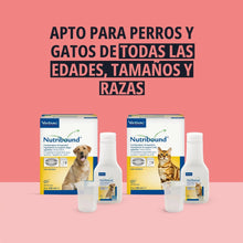 Dos cajas Nutribound Virbac versión perros y versión gatos con sus frascos individuales de 150 ml sobre fondo rosa salmón, texto Apto para perros y gatos de todas las edades tamaños y razas