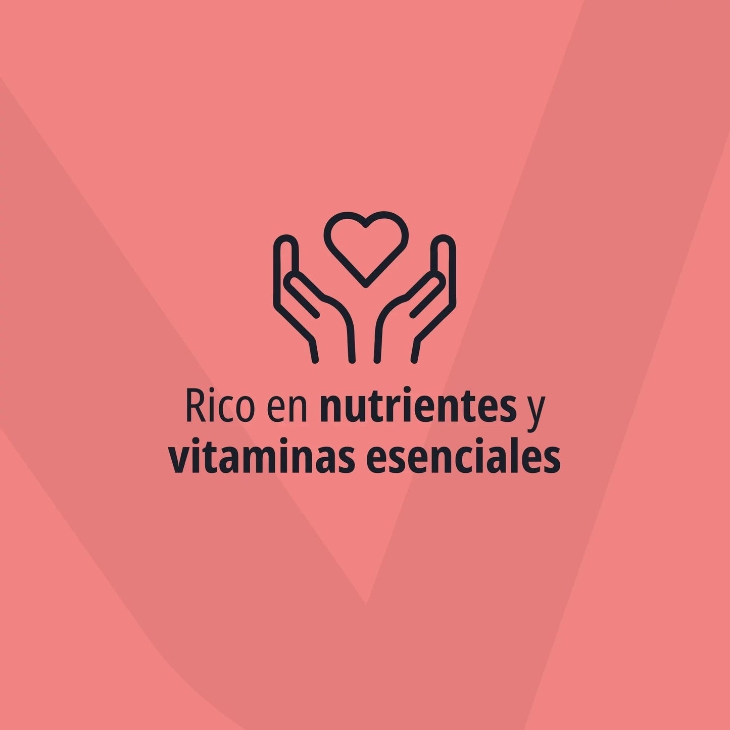Icono lineal de dos manos sosteniendo un corazón sobre fondo rosa salmón con logo Virbac en marca de agua y texto Rico en nutrientes y vitaminas esenciales