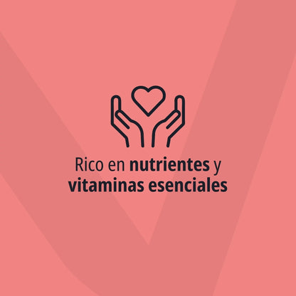 Icono lineal de dos manos sosteniendo un corazón sobre fondo rosa salmón con logo Virbac en marca de agua y texto Rico en nutrientes y vitaminas esenciales