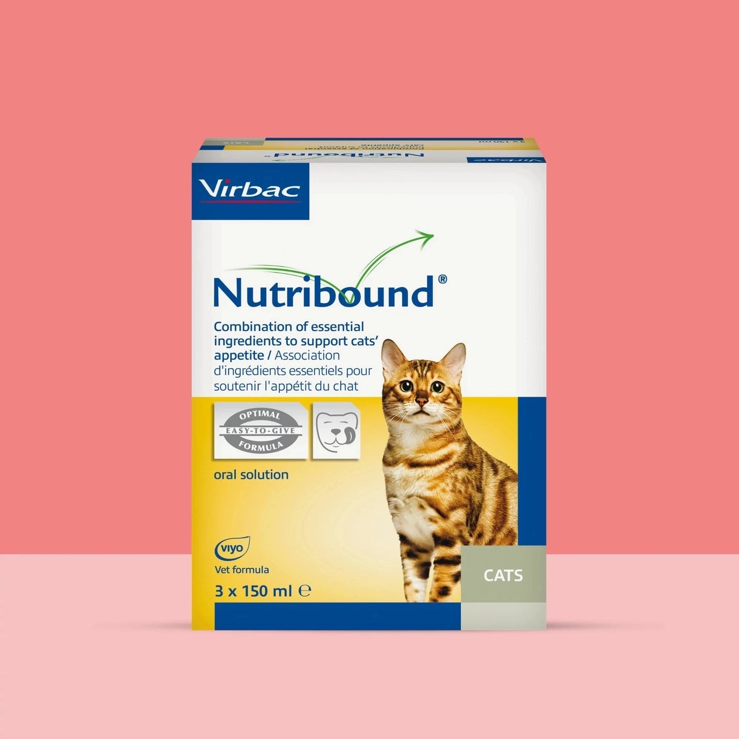 Caja Nutribound Virbac suplemento nutricional de recuperación para gatos, 3 frascos de 150 ml, sobre fondo rosa salmón, con gato atigrado tabby en la etiqueta amarilla y sello CATS, logo Viyo y Optimal Synergy Formula