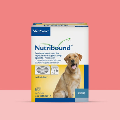Caja Nutribound Virbac suplemento nutricional de recuperación para perros, 3 frascos de 150 ml, sobre fondo rosa salmón, con Labrador dorado en la etiqueta amarilla y sello DOGS, logo Viyo y Optimal Synergy Formula