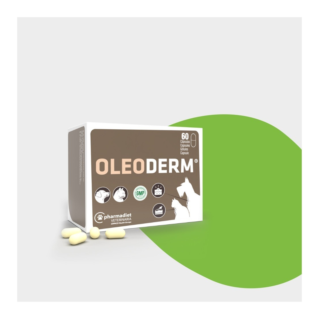 Envase de Oleoderm cápsulas para perros y gatos de Pharmadiet, 60 cápsulas de gelatina blanda, EAN 8437002582647