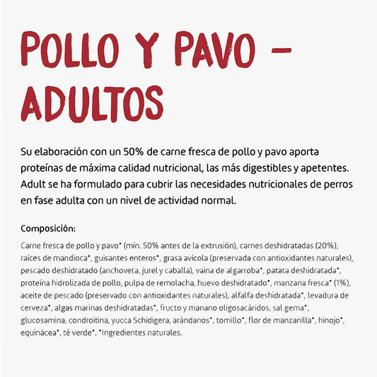 Composición y beneficios del pienso Ownat Grain Free Prime para perros adultos con pollo y pavo: 50% carne fresca, ingredientes naturales como guisantes, patata, pescado, frutas, verduras y plantas medicinales para una nutrición completa y digestible.