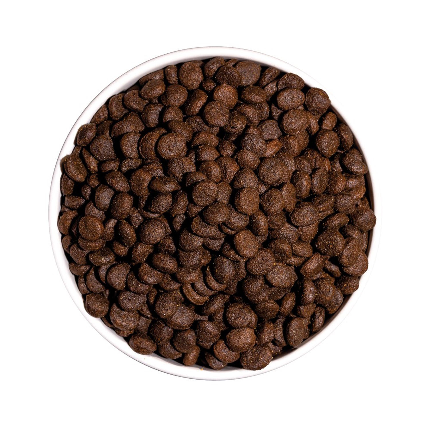 Vista superior de un cuenco lleno de croquetas del pienso Ownat Grain Free Prime Mini Lamb, alimento seco natural para perros adultos de raza pequeña, elaborado con cordero fresco y nutrientes esenciales ideales para los altos requerimientos metabólicos de las razas mini.