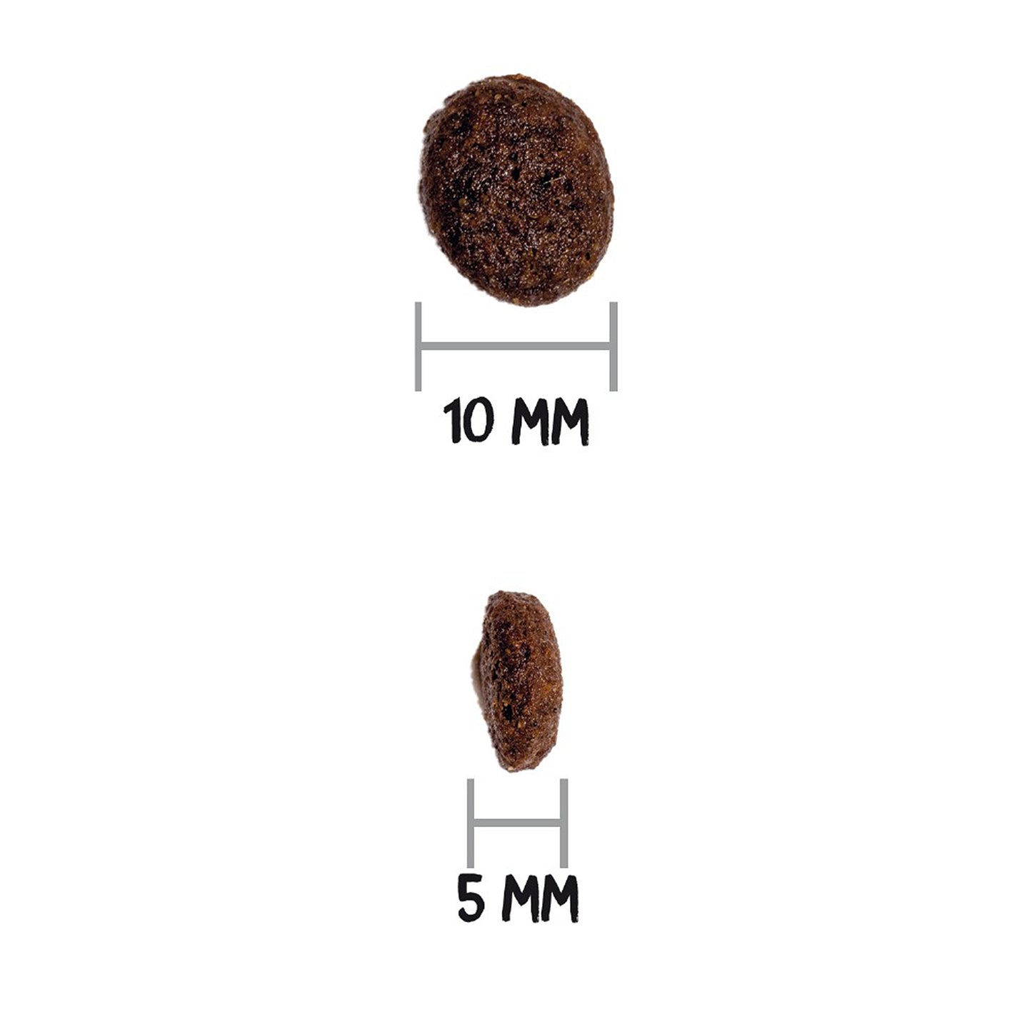 Tamaño de la croqueta del pienso Ownat Grain Free Prime Mini Lamb: 10 mm de ancho y 5 mm de grosor, ideal para perros de razas pequeñas en edad adulta que presentan sensibilidades o intolerancias relacionadas con el pollo.