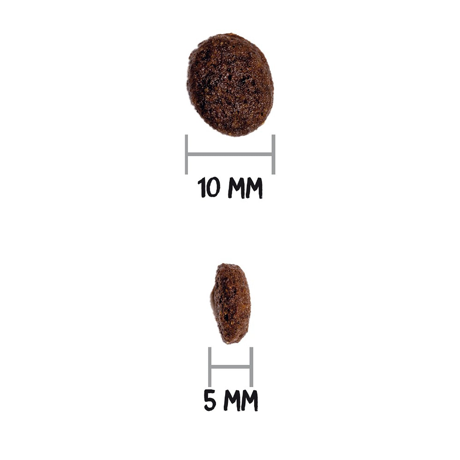 Tamaño de la croqueta del pienso Ownat Grain Free Prime Mini Lamb: 10 mm de ancho y 5 mm de grosor, ideal para perros de razas pequeñas en edad adulta que presentan sensibilidades o intolerancias relacionadas con el pollo.