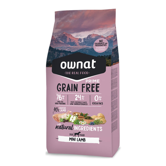 Saco de pienso Ownat Grain Free Prime Mini Lamb para perros pequeños adultos: 76% ingredientes de origen animal ricos en proteínas, 24% frutas y vegetales bajos en carbohidratos, 0% cereales y sin colorantes ni conservantes artificiales.