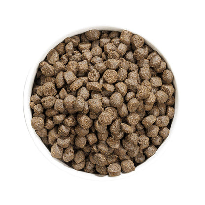 Vista superior de un cuenco lleno de croquetas del pienso Ownat Grain Free Prime Oil Fish, alimento seco natural que favorece la digestión y aporta nutrientes esenciales para el óptimo desarrollo de perros adultos.