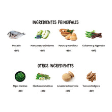 Lista de ingredientes principales y complementarios del pienso Ownat Grain Free Prime Adult Oil Fish, fórmula con pescado fresco y sin cereales que proporciona una fuente equilibrada de proteínas y omega-3 para el bienestar canino.