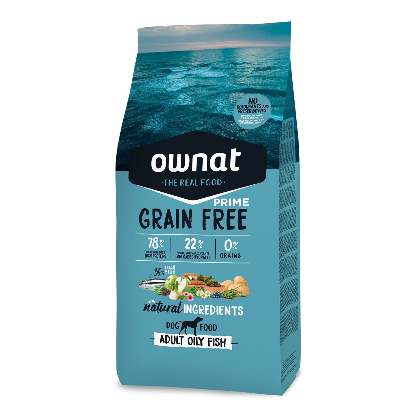 Saco de pienso Ownat Grain Free Prime Oil Fish para perros pequeños adultos: 78% ingredientes de origen animal ricos en proteínas, 22% frutas y vegetales bajos en carbohidratos, 0% cereales y sin colorantes ni conservantes artificiales.