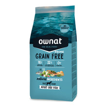 Saco de pienso Ownat Grain Free Prime Oil Fish para perros pequeños adultos: 78% ingredientes de origen animal ricos en proteínas, 22% frutas y vegetales bajos en carbohidratos, 0% cereales y sin colorantes ni conservantes artificiales.