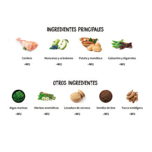 Lista de ingredientes principales y complementarios del pienso Ownat Grain Free Prime Junior Lamb, con cordero, frutas, verduras, legumbres, algas marinas, hierbas aromáticas, levadura de cerveza, semilla de lino y yucca schidigera.
