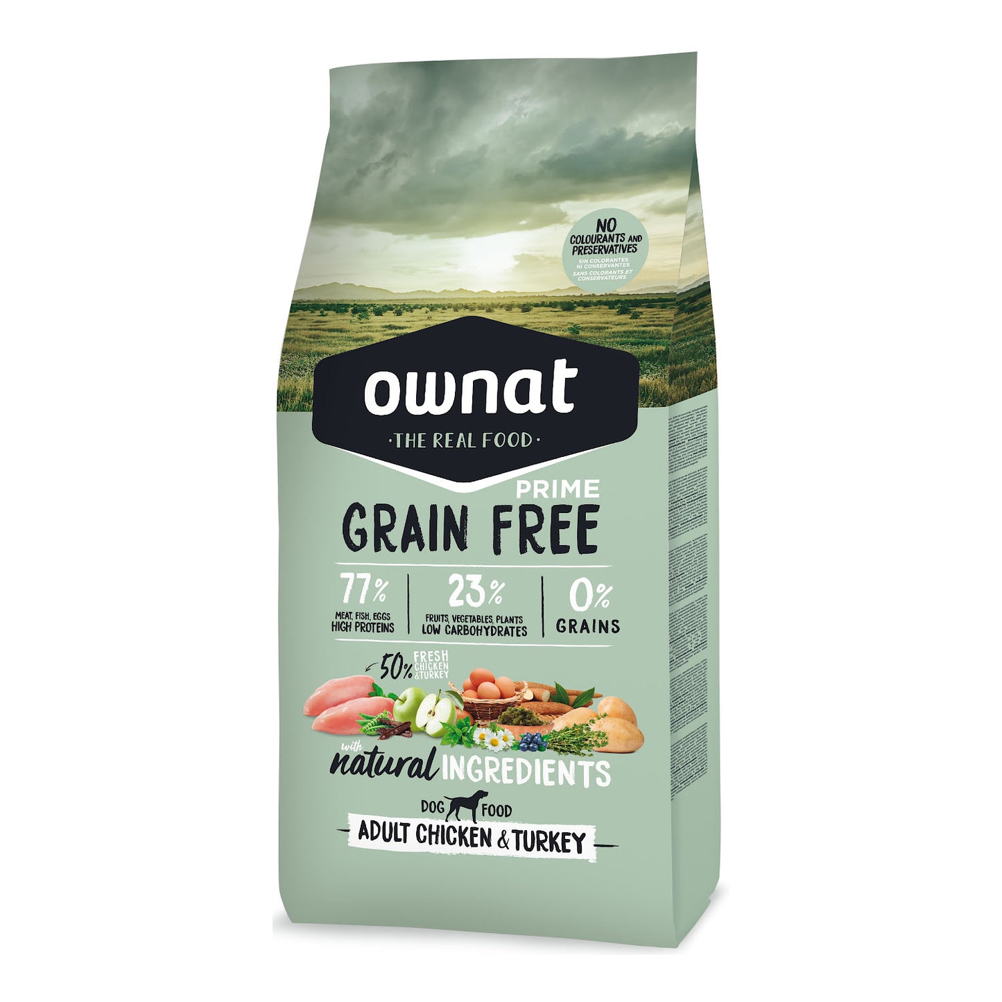 Saco de pienso Ownat Grain Free Prime Adult Chicken & Turkey para perros adultos: 77% ingredientes de origen animal ricos en proteínas, 23% frutas y vegetales bajos en carbohidratos, 0% cereales y sin colorantes ni conservantes artificiales.