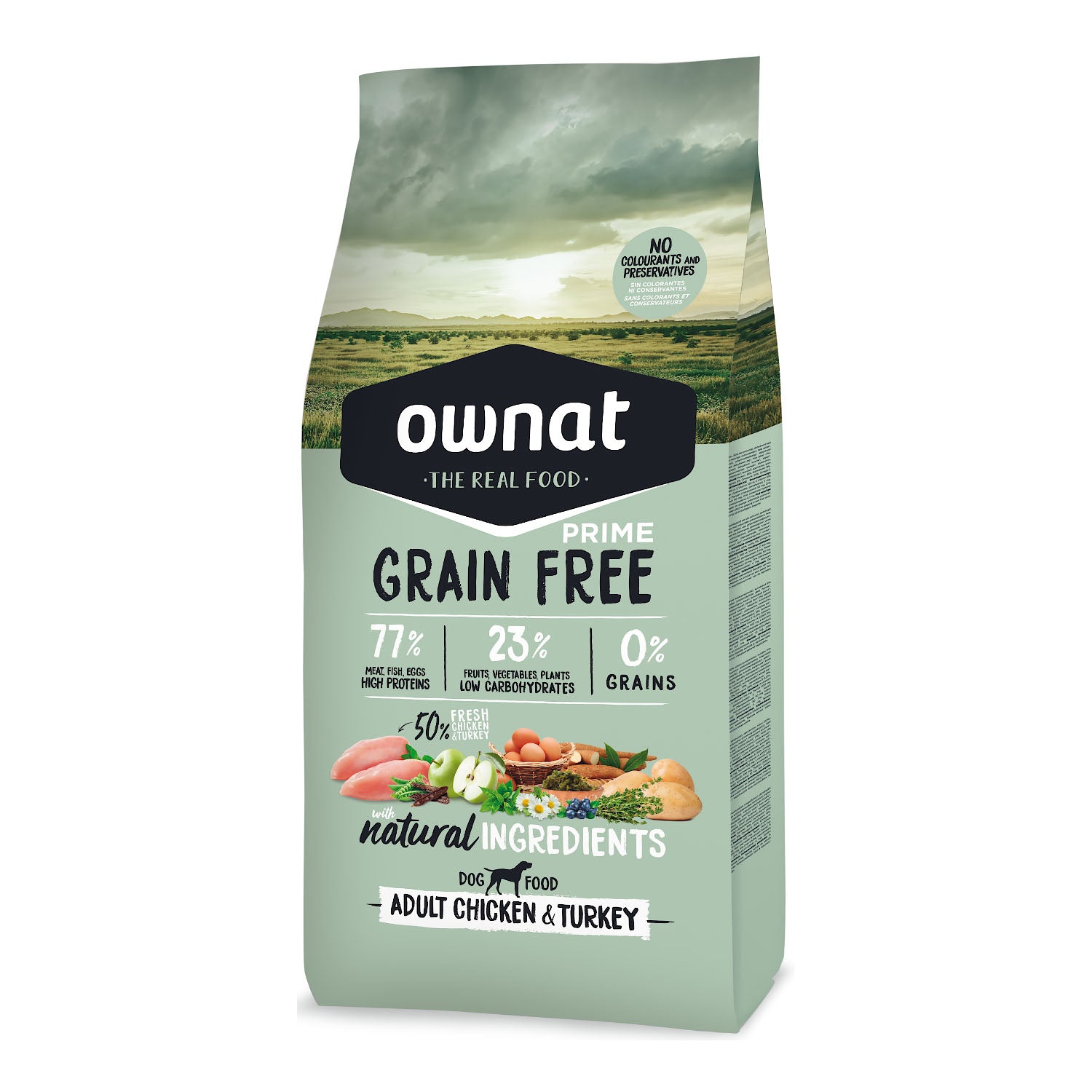 Saco de pienso Ownat Grain Free Prime Adult Chicken & Turkey para perros adultos: 77% ingredientes de origen animal ricos en proteínas, 23% frutas y vegetales bajos en carbohidratos, 0% cereales y sin colorantes ni conservantes artificiales.