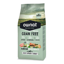 Saco de pienso Ownat Grain Free Prime Adult Chicken & Turkey para perros adultos: 77% ingredientes de origen animal ricos en proteínas, 23% frutas y vegetales bajos en carbohidratos, 0% cereales y sin colorantes ni conservantes artificiales.