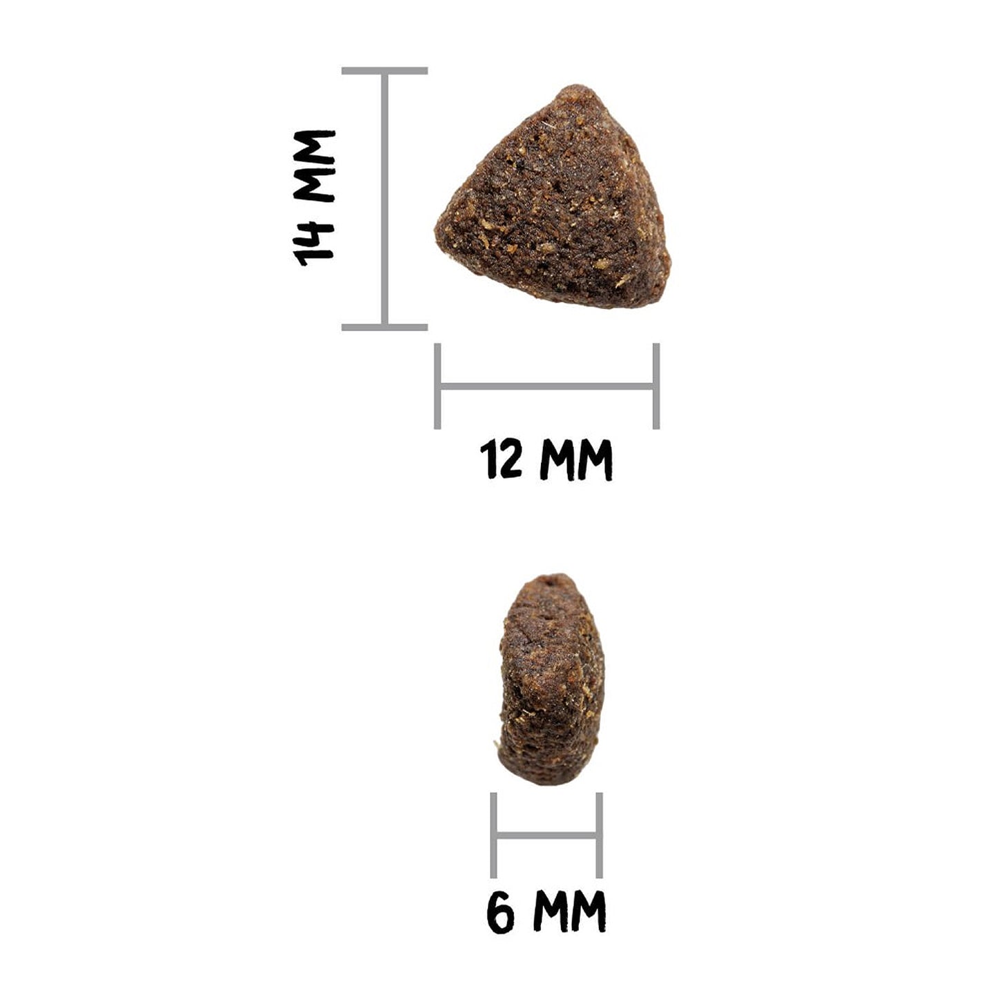 Tamaño de la croqueta del pienso Ownat Grain Free Prime Adult Lamb: 12 mm de ancho, 14 mm de alto y 6 mm de grosor, ideal para perros de razas medias y maxi en edad adulta que presentan sensibilidades o intolerancias relacionadas con el pollo o los cereales