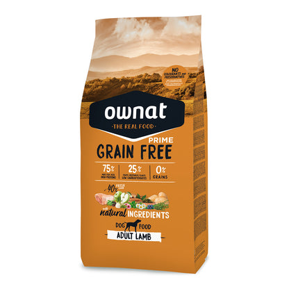 Saco de pienso Ownat Grain Free Prime Adult Lamb para perros adultos: 75% ingredientes de origen animal ricos en proteínas, 25% frutas y vegetales bajos en carbohidratos, 0% cereales y sin colorantes ni conservantes artificiales.