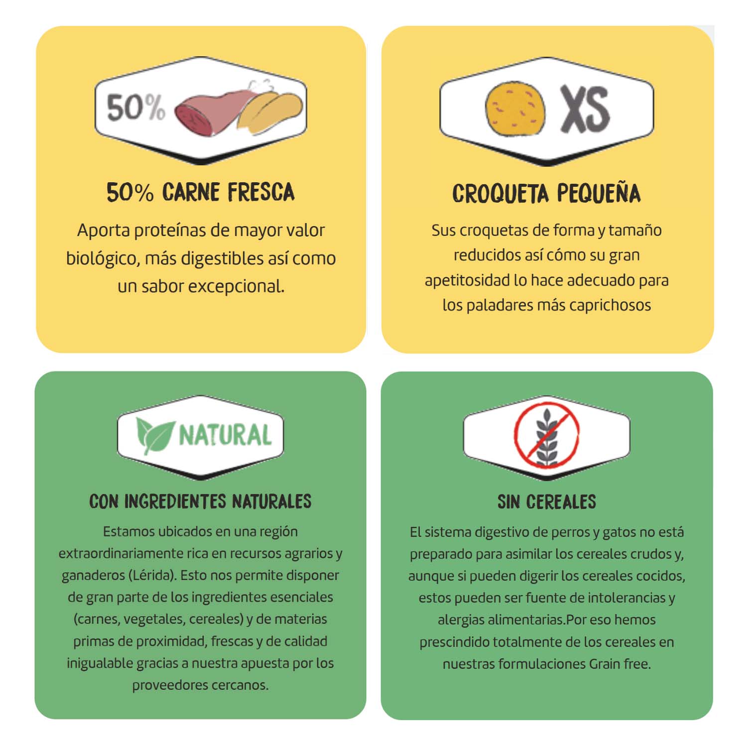 Características principales del alimento Ownat Grain Free Adult Mini Chicken & Turkey: 50% carne fresca, croqueta pequeña, con ingredientes naturales y sin cereales.