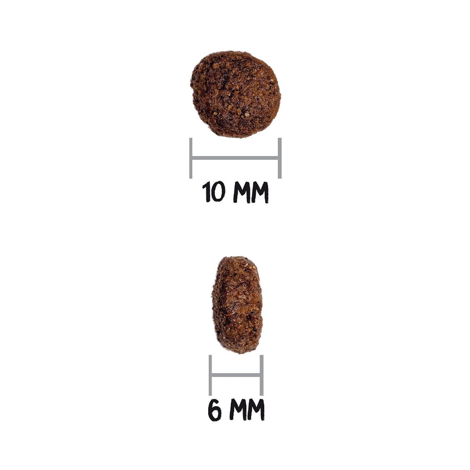 Tamaño de la croqueta del pienso Ownat Grain Free Prime Adult Mini Chicken & Turkey: 10 mm de ancho y 6 mm de grosor, ideal para perros adultos de razas de pequeñas dimensiones.