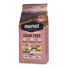 Saco de pienso Ownat Grain Free Prime Mini Chicken & Turkey para perros pequeños adultos: 75% ingredientes de origen animal ricos en proteínas, 25% frutas y vegetales bajos en carbohidratos, 0% cereales y sin colorantes ni conservantes artificiales.