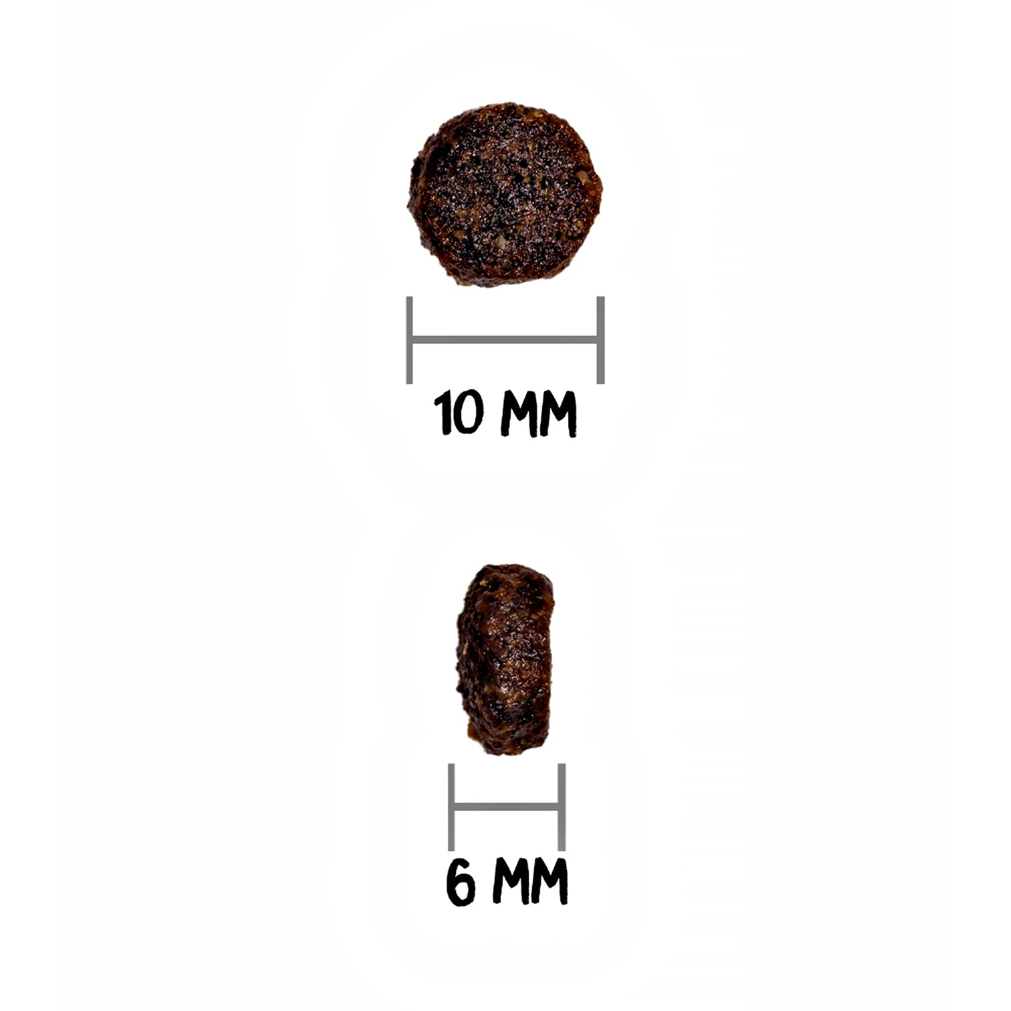 Tamaño de la croqueta del pienso Ownat Grain Free Prime Junior Chicken & Turkey: 10 mm de ancho y 6 mm de grosor, ideal para perros cachorros en fase de crecimiento.