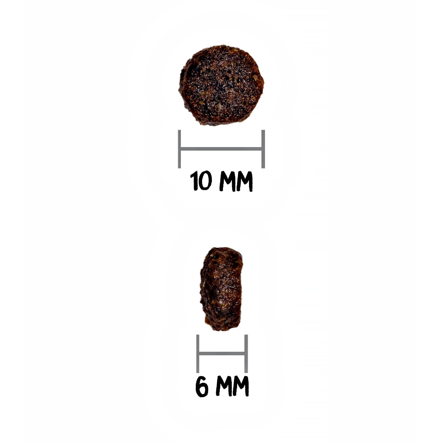 Tamaño de la croqueta del pienso Ownat Grain Free Prime Junior Chicken & Turkey: 10 mm de ancho y 6 mm de grosor, ideal para perros cachorros en fase de crecimiento.
