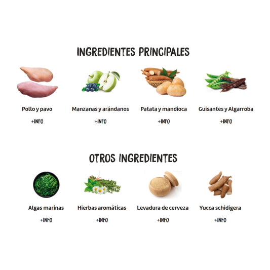Imagen con los ingredientes principales y complementarios del pienso Ownat Grain Free Prime Junior con pollo y pavo, incluyendo manzana, arándanos, patata, mandioca, guisantes, algarroba, algas marinas, hierbas aromáticas, levadura de cerveza y yucca schidigera.