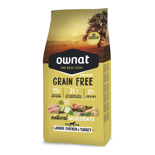 Saco de pienso Ownat Grain Free Prime Junior Chicken & Turkey para perros adultos: 79% ingredientes de origen animal ricos en proteínas, 21% frutas y vegetales bajos en carbohidratos, 0% cereales y sin colorantes ni conservantes artificiales.