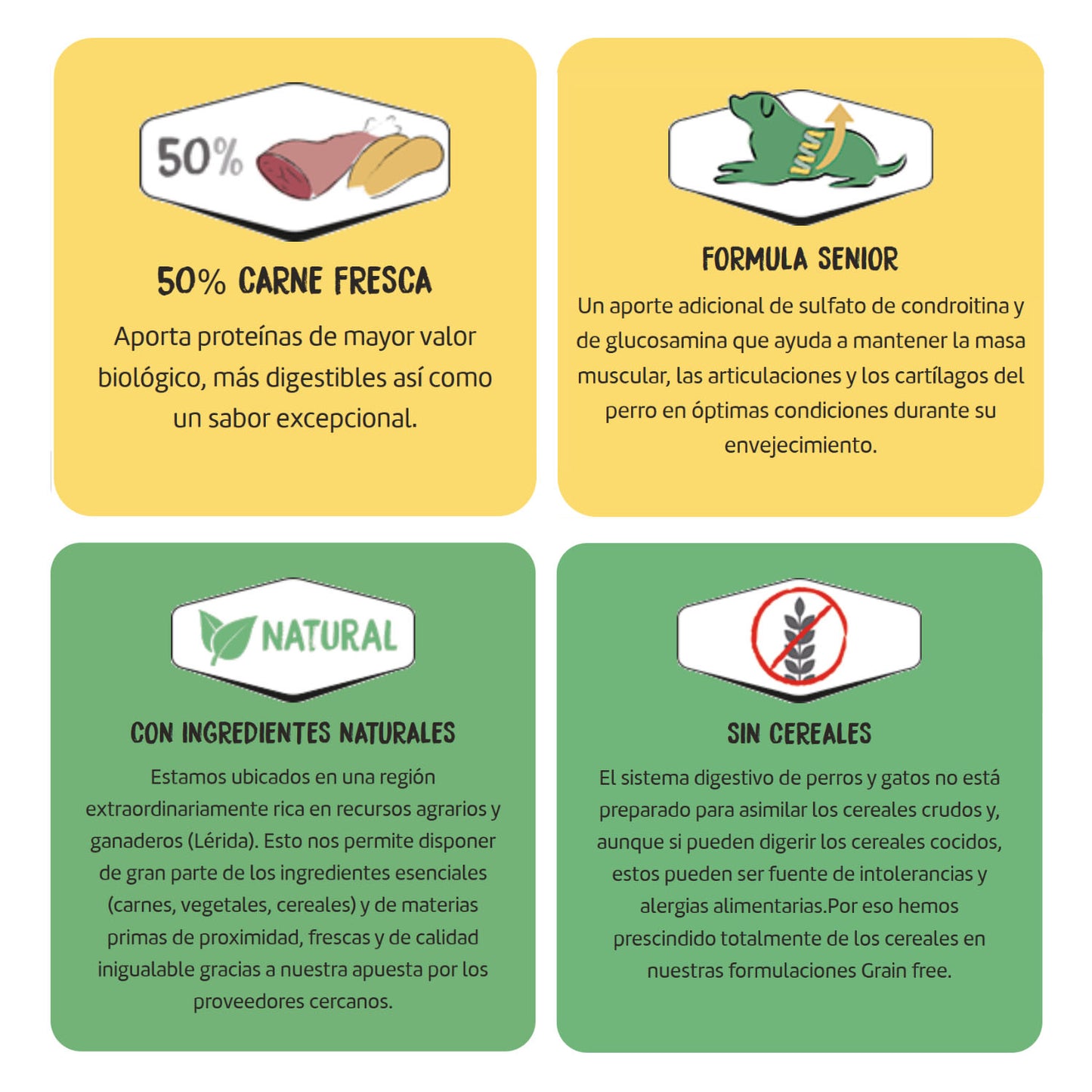 Características principales de Ownat Grain Free Adult Senior Chicken & Turkey, alimento equilibrado y natural para perros senior, elaborado con ingredientes de alta calidad y sin cereales.