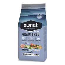 Saco de pienso Ownat Grain Free Prime Senior Chicken & Turkey para perros pequeños adultos: 76% ingredientes de origen animal ricos en proteínas, 24% frutas y vegetales bajos en carbohidratos, 0% cereales y sin colorantes ni conservantes artificiales.