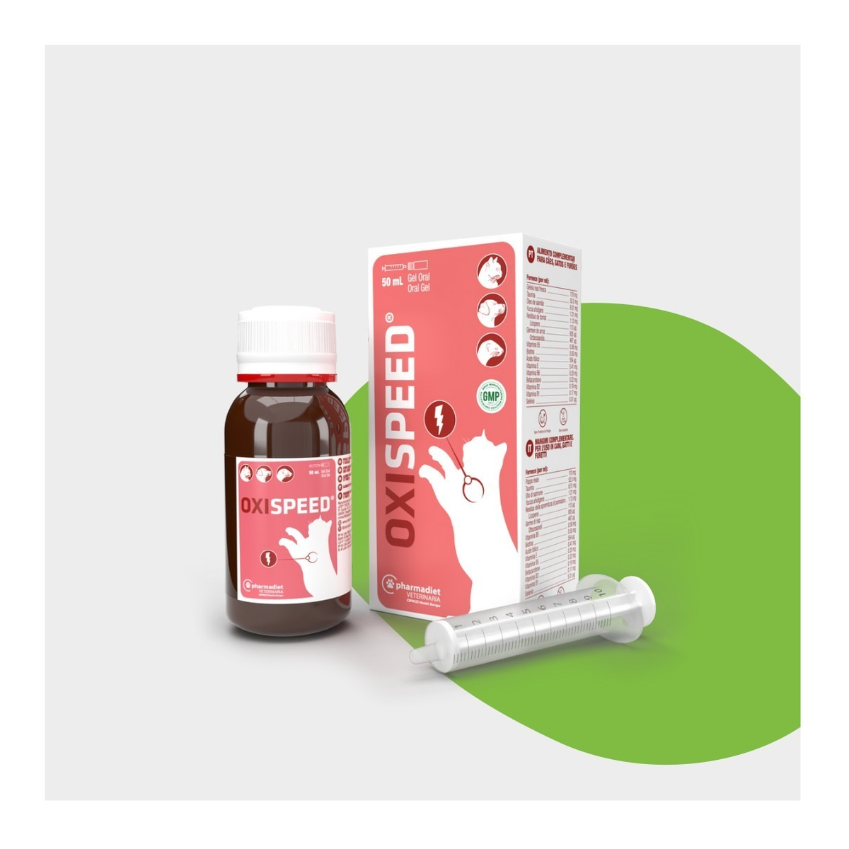 Envase y estuche de Oxispeed gel para gatos y perros de Pharmadiet con jeringa dosificadora, EAN 8414042003769
