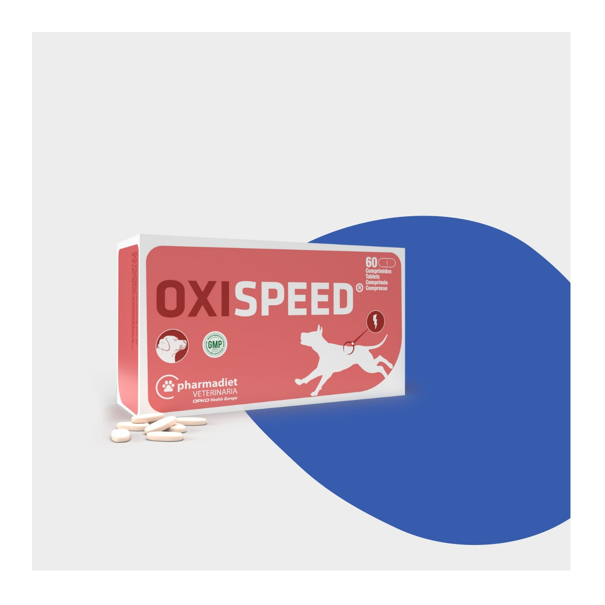 Estuche y blíster de Oxispeed comprimidos con jalea real para perros de Pharmadiet, EAN 8437002582036