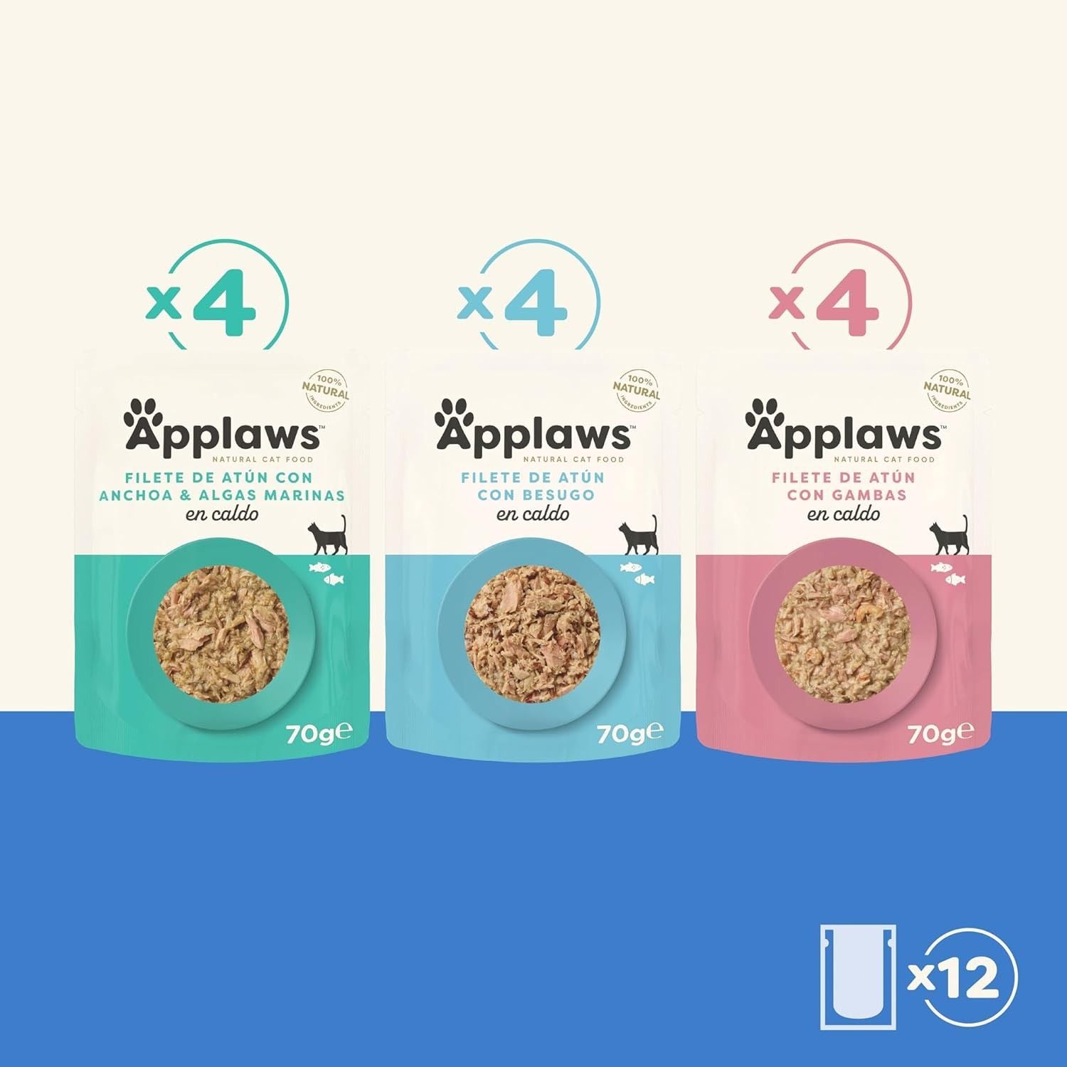 Tres sobres Applaws de filete de atún en caldo para gatos sabores anchoa y algas marinas, besugo y gambas, pack variado de 12 unidades.