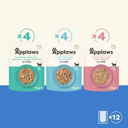 Tres sobres Applaws de filete de atún en caldo para gatos sabores anchoa y algas marinas, besugo y gambas, pack variado de 12 unidades.