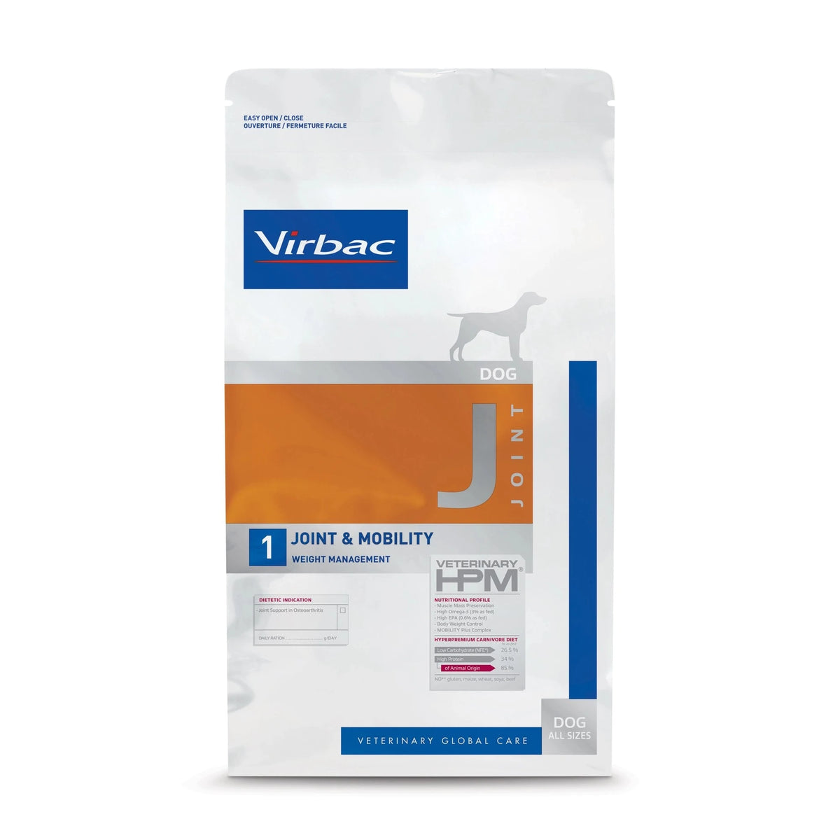 Pienso articular para perros Virbac HPM J1 Joint & Mobility, cara frontal del saco, EAN 3561963601118