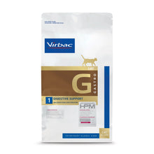 Cara frontal del envase del pienso digestivo Virbac HPM Feline G1 para gatos, saco blanco y dorado